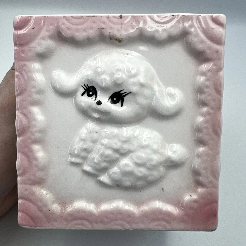 Vintage MCM Pastel Pink Baby Block Nursery Bear Bunny Lamb Planter Ceramic Japan